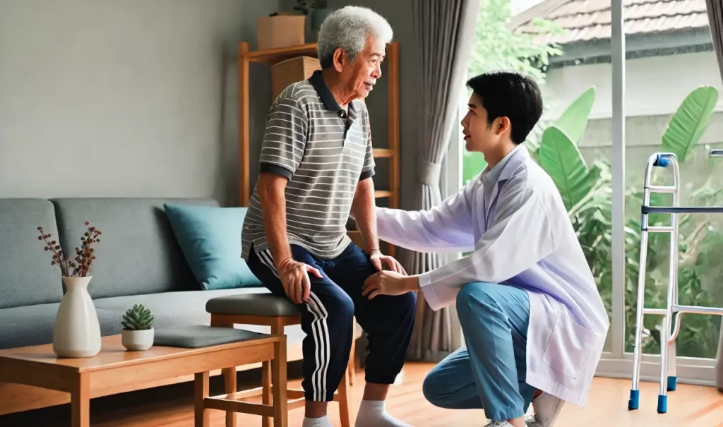 Older adult working with a Movement physiotherapist on balance and fall prevention exercises.