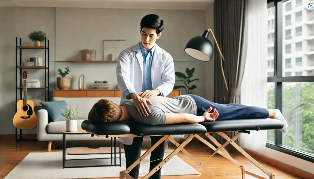 Physiotherapist performing manual therapy at home in Phnom Penh